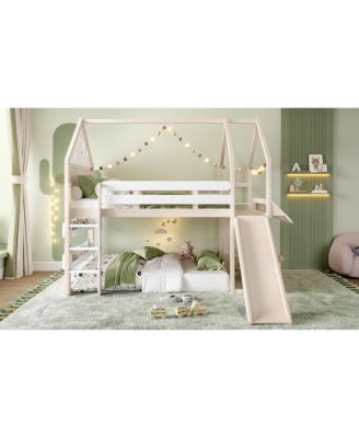 Streamdale Loft Bed with Bookshelf, Slide, and House-Shaped Design for Kids