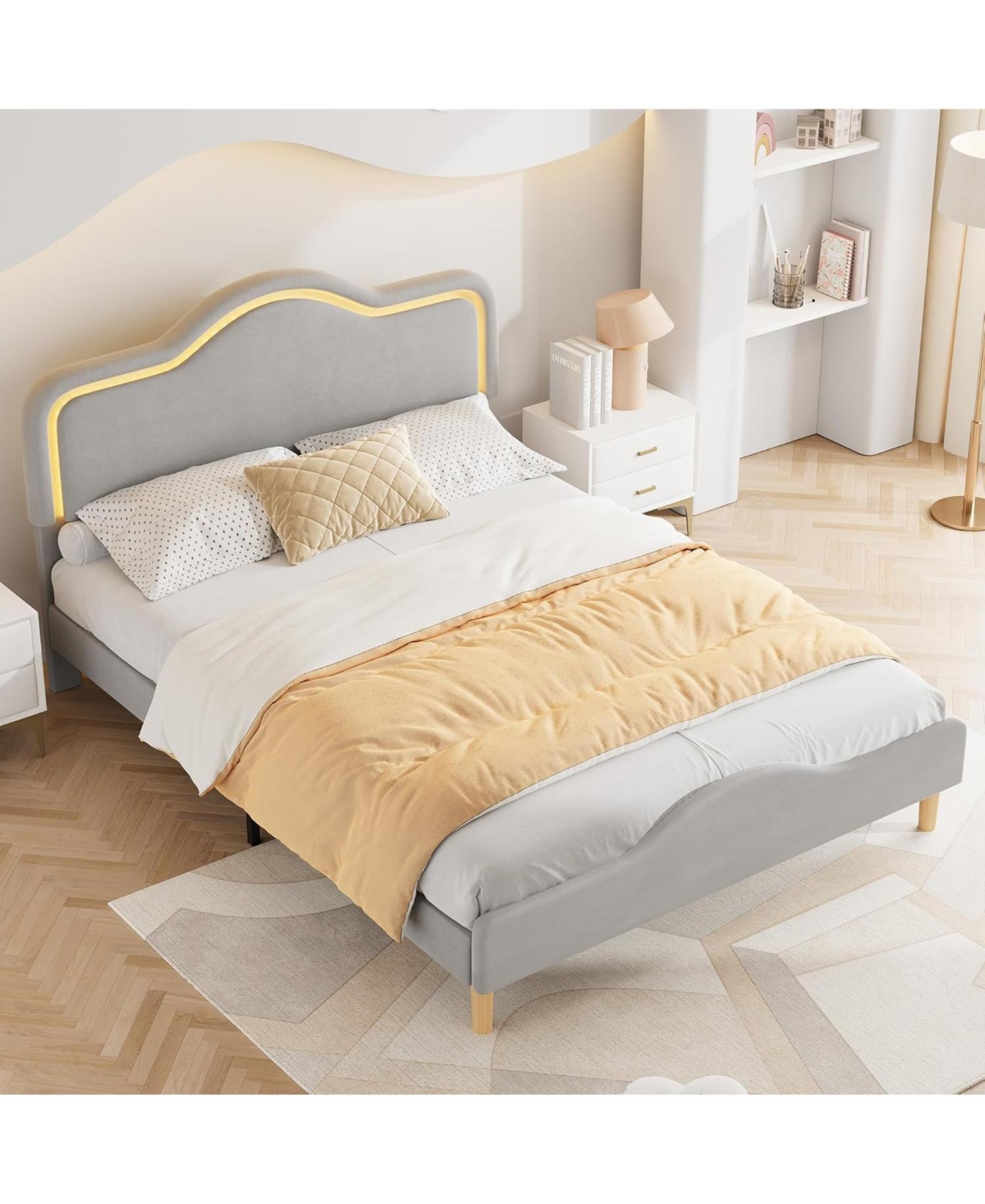 gaomon Upholstered Led Bed Frame with Adjustable Headboard and Footboard, Velvet Princess Platform Bedframe for Kids/Girls, Wooden Slats Support