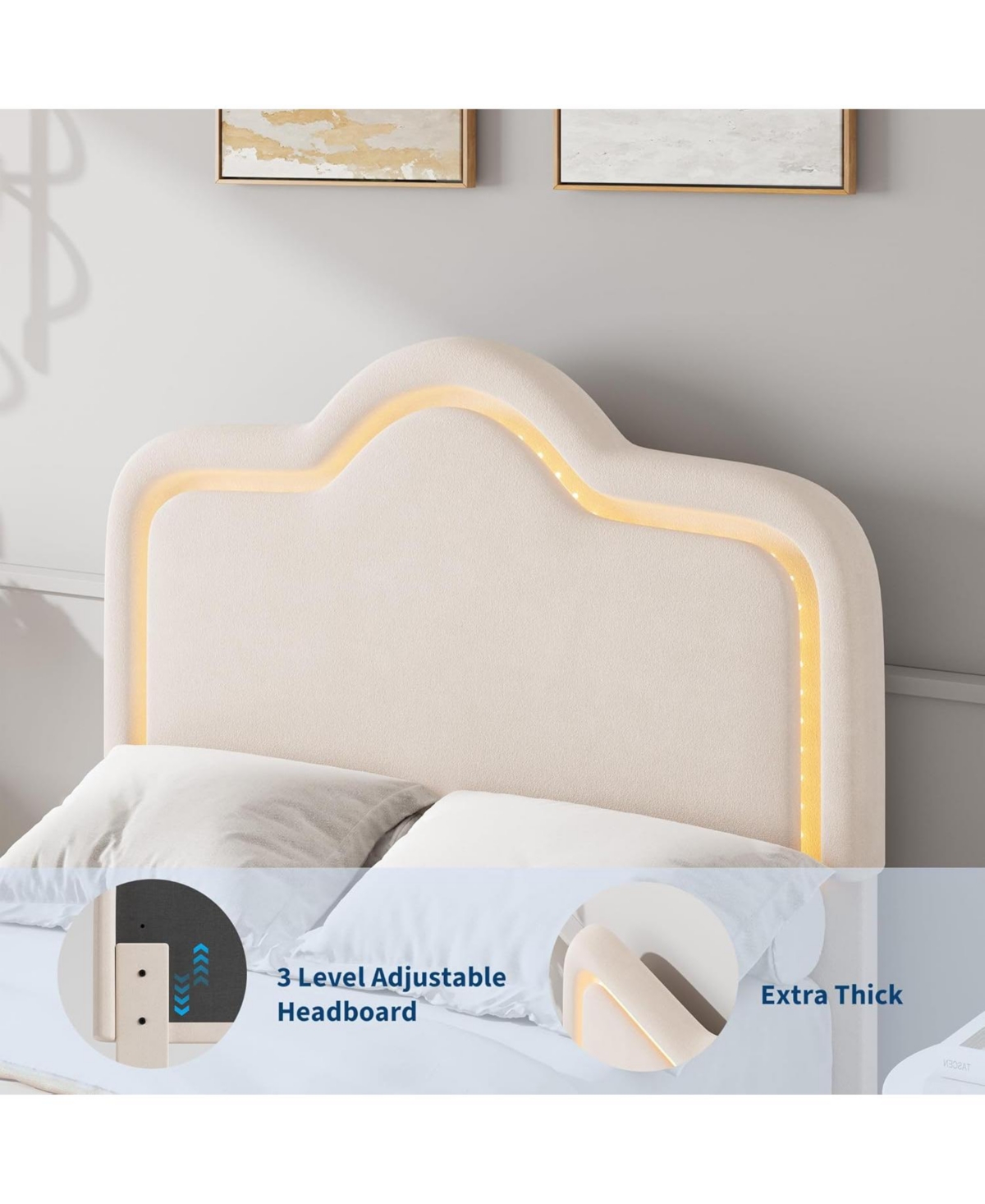 gaomon Upholstered Led Bed Frame with Adjustable Headboard and Footboard, Velvet Princess Platform Bedframe for Kids/Girls, Wooden Slats Support