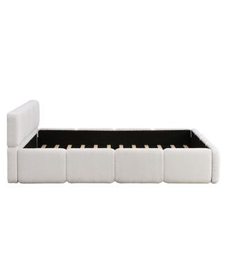 Queen Size Boucle Platform Bed with Thick Headboard and Footboard