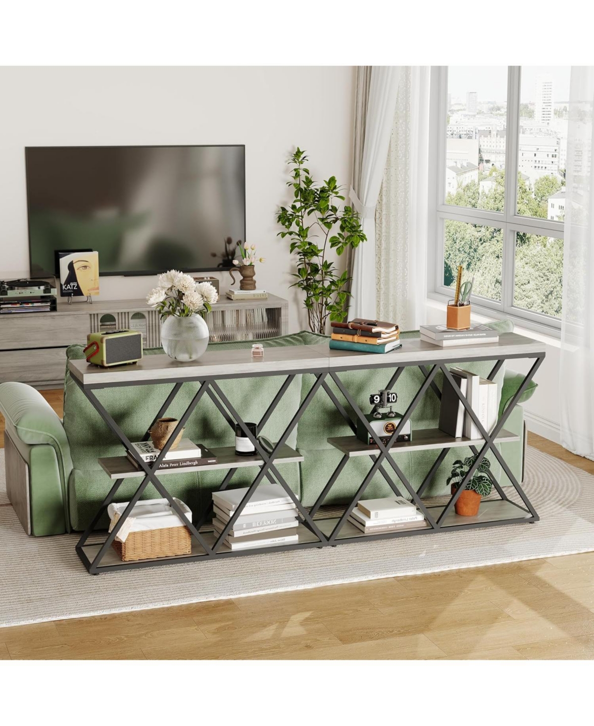 gaomon 3-Tier Industrial Entryway Table with x-Shaped Metal Frame, Open Shelf Console Sofa for Living Room, Hallway