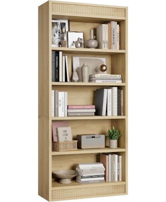 Tall Farmhouse Bookcase – 5-Tier Bookshelf with Fluted Design and Display Rack, Rustic Wood Freestanding Book Shelf for Office, Library