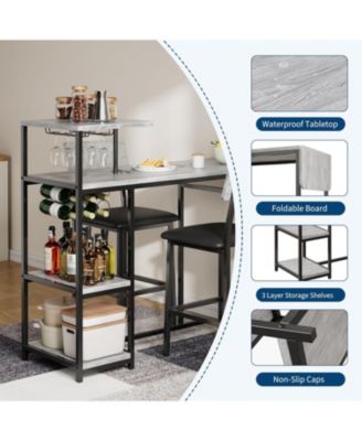 Dining Table Set for 2 3-Piece Expandable Bar Table and Chairs Set with Storage Shelves and Wine Rack Small Kitchen Dining Set