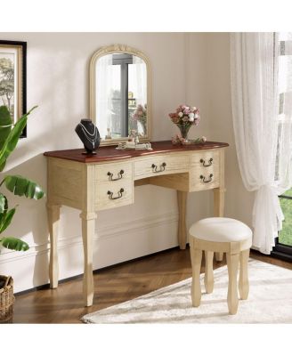 46" Vintage Makeup Vanity with Curved Flower Frame Mirror & 5 Drawers