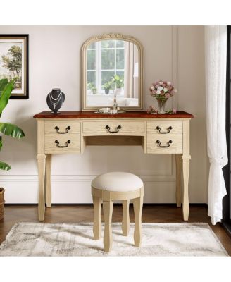 46" Vintage Makeup Vanity with Curved Flower Frame Mirror & 5 Drawers