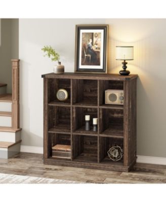9-Cube Storage Organizer Bookshelf – 4-Tier Farmhouse Horizontal Wood Bookcase, 37.4" Long Low Storage Shelf for Entryway, Living Room