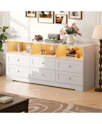 6 Drawer Dresser with RGB Lights & Power Outlet, Wooden Chest of Drawers with Open Shelves