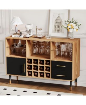 47 Inch Wine Bar Cabinet with LED Lights and Charging Station, Modern Wood Coffee Bar with Storage Sideboard for Living Room and Dining Room