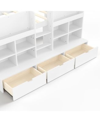 Twin Loft Bed with Multi-Storage Shelves, Curtain & Chalkboard