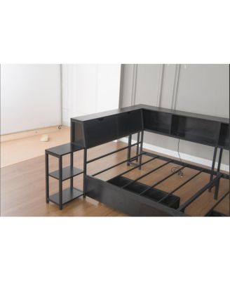 Streamdale Corner Bed Frame Full Size with Bookcase, LED, Charging Station, Black