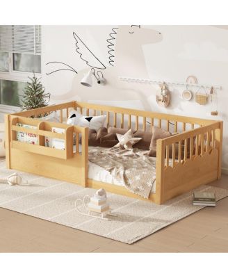 Twin Floor Bed with Fence & Bookshelf, Natural Wood for Kids