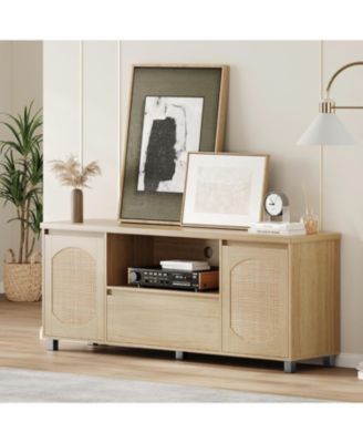 Rattan TV Stand for 65 Inch TV, Entertainment Center with Storage Drawer and Open Shelf, Wood