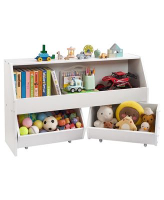 Wooden Kids Bookshelf, Toy Storage Cabinet with 2 Mobile Drawers, Storage Organizer for Nursery, Living Room and Preschool