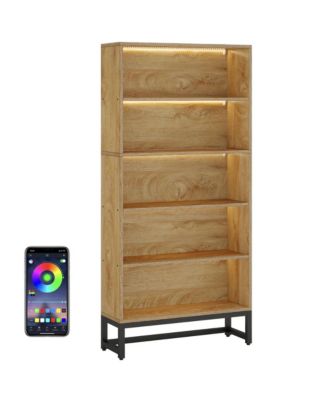 Tall Bookcase, 5-Tier Bookshelf with APP-Controlled LED Lighting, Closed Back Design and Adjustable Feet for Home Office, Living Room