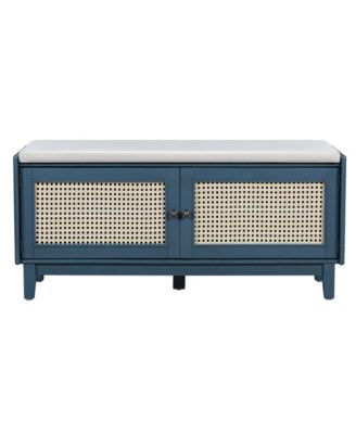 Rattan Shoe Storage Bench, Wooden Shoe Organizer with Cushion, 2 Doors, 2-Tier Shoe Rack and Adjustable Shelves for Entryway, Hallway