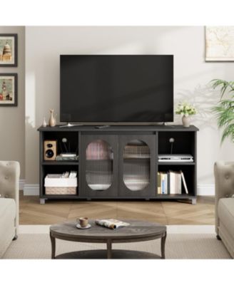 Modern Open Rainbow Glass TV Cabinet Stand for 60/65/70 Inch TV, Media Console Cabinet with 2 Corrugated Glass Doors