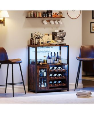 3-Tier Wine Bar Cabinet with LED Detachable Wine Rack and Storage Space Buffet Cabinet with Glass Holder and Mesh Door