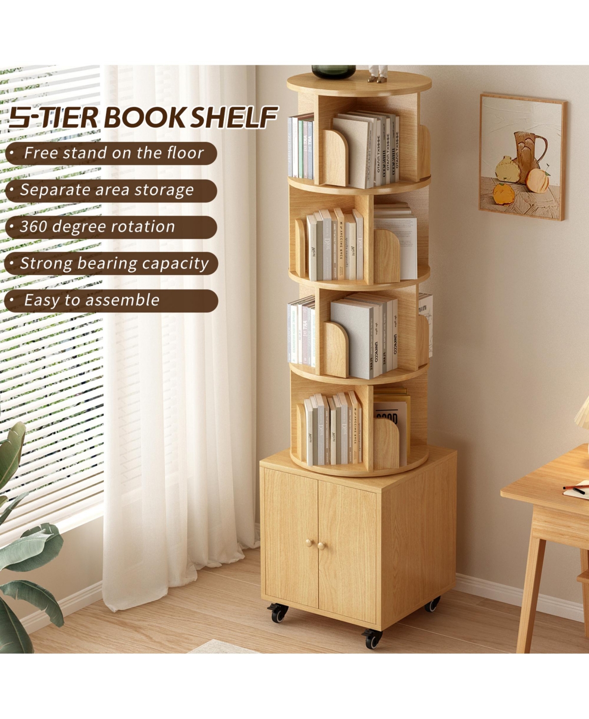 Rainsken 360° Rotating Bookshelf Tower, 5 Tier Wooden Display Bookcase with Wheels and Double Door Storage Cabinet