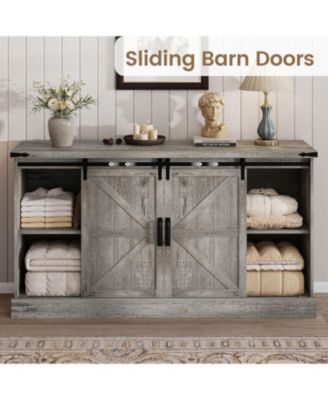 Farmhouse 4 Drawer Dresser for Bedroom, 59" Wood Dressers with Sliding Barn Doors, TV Stand with Large Drawers & Bar Handles