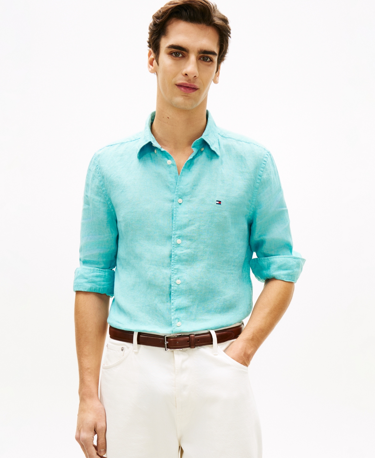 Tommy Hilfiger Men's Pigment-Dyed Linen Button-Down Long Sleeve Shirt - Arctic Aqua