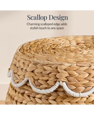 Scalloped Water Hyacinth Storage Tote Basket with Lid