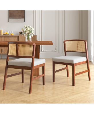 Rattan Dining Chairs (Set of 2) - Upholstered, Curved Back, Hardwood Frame