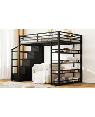  Queen Size Metal Loft Bed with Storage Shelves, Cabinets and Wardrobe