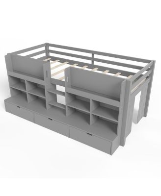 Twin XL Loft Bed w/ Multi-Storage Shelves, Curtain & Chalkboard