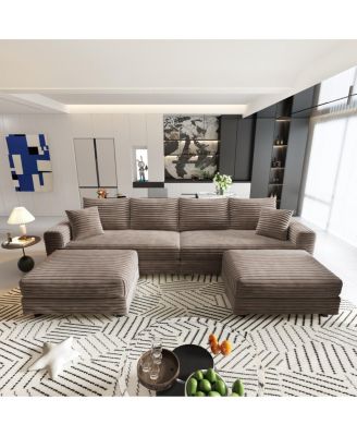 Plush Corduroy 4-Seat Sofa, Modern Comfy Upholstered Cloud Couch with Pillows & Ottomans