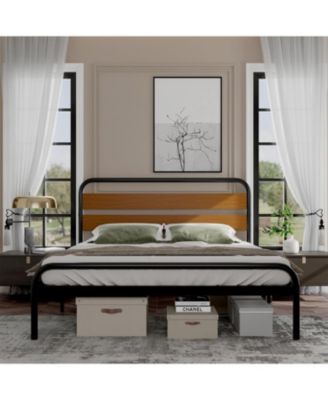 King Bed Frame with Wood Headboard, Mid-Century Modern Bed Frame, Metal Platform Bed Frame/No Box Spring Needed/Noise-Free