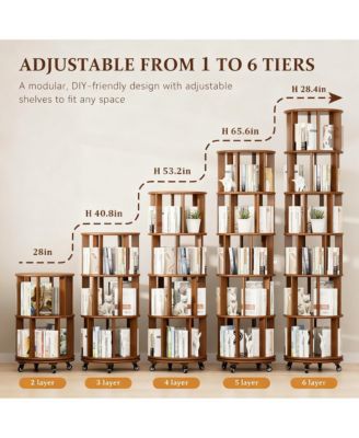 Rotating 6-Tier Walnut Bookshelf with Wheels for Space-Efficient Storage