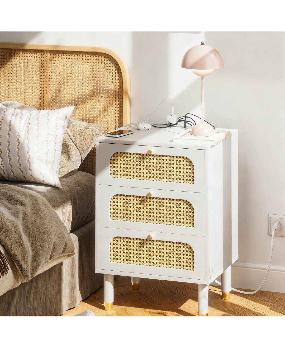 Yigii Boho Style Tall Rattan Nightstand with Charging Station