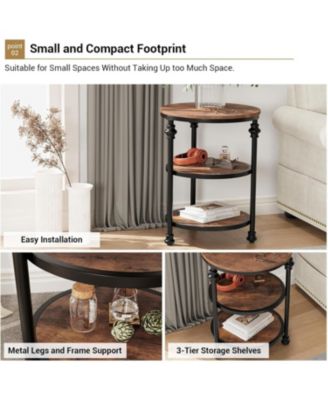 Round End Table, Small Side Table with 3 Shelves for Living Room, Bedroom, Night Stand Accent Coffee Table with Steel Frame