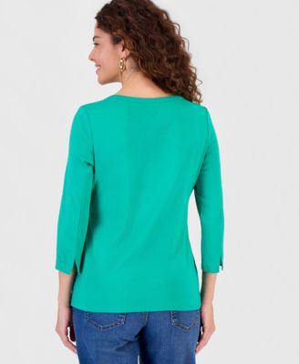 Women's Petite Pima Cotton 3/4-Sleeve Boat-Neck Top