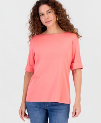 Women's Boat-Neck Elbow Sleeve Cotton Top