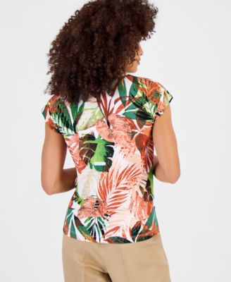 Petite Printed Cap-Sleeve V-Neck Top