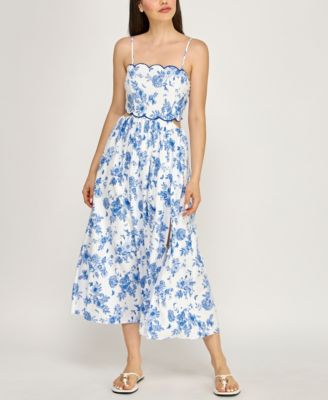 Juniors' Sleeveless Scallop Trim Slim Midi Dress