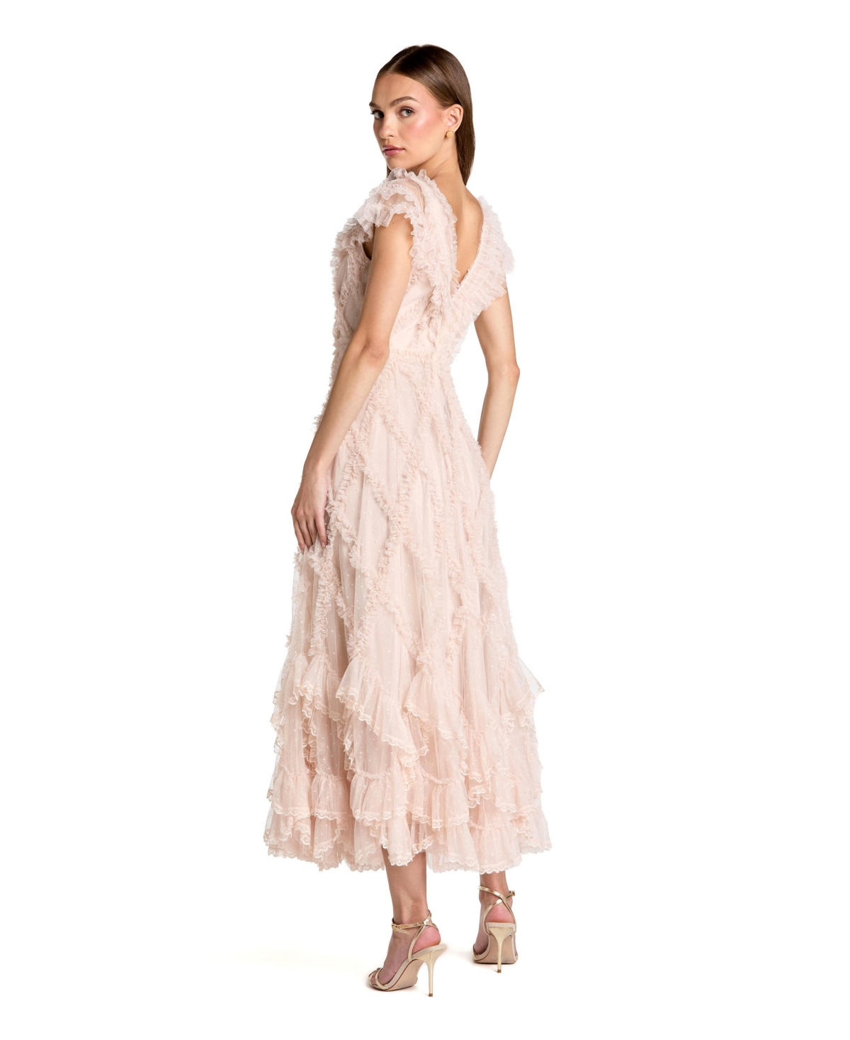 Mac Duggal Women's Micro Ruffle Cap Sleeve A-Line Midi Dress