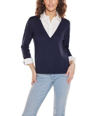 Women's Woven Collar Twofer Sweater