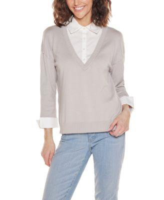 Women's Woven Collar Twofer Sweater