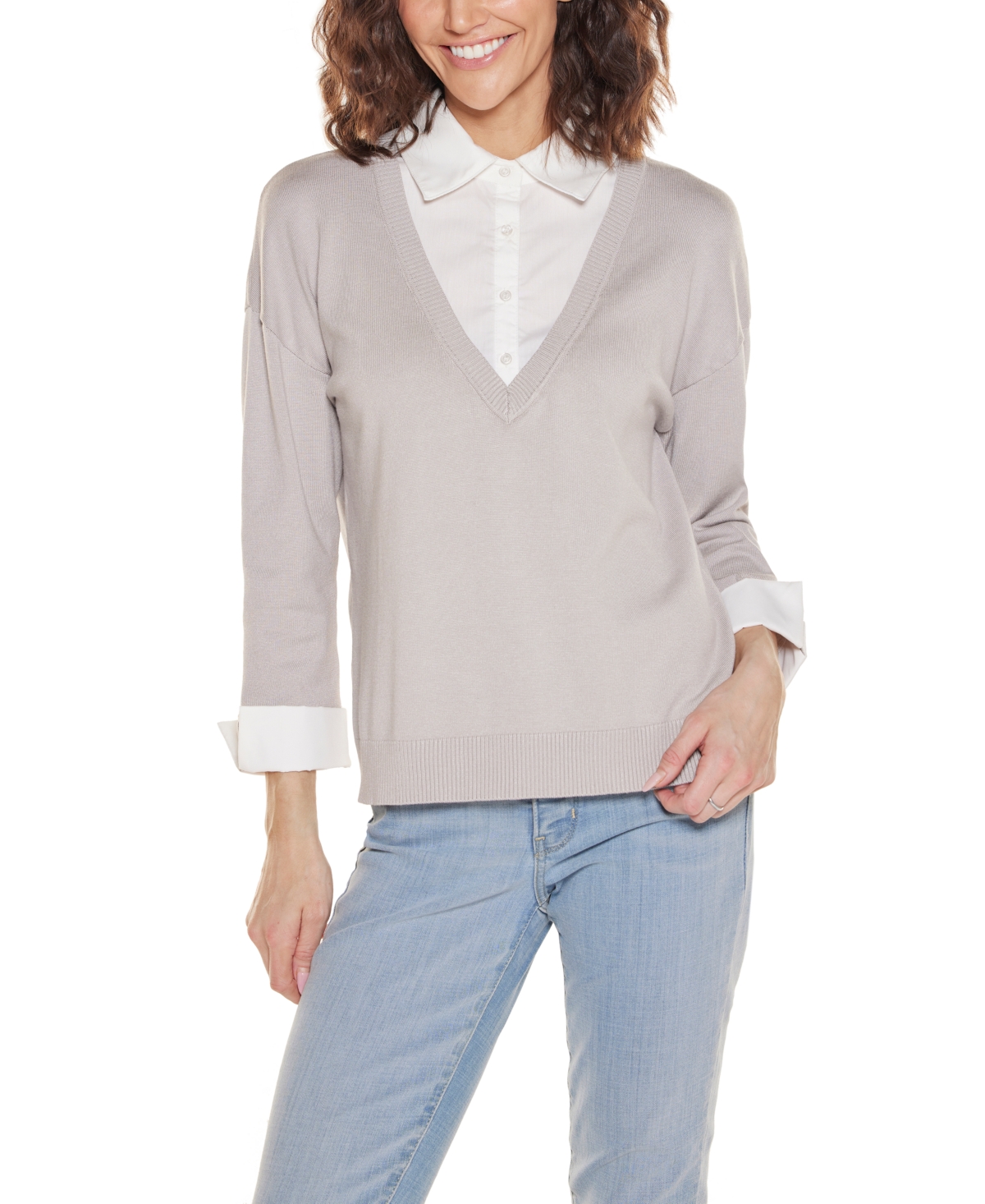 Belldini Women's Woven Collar Twofer Sweater