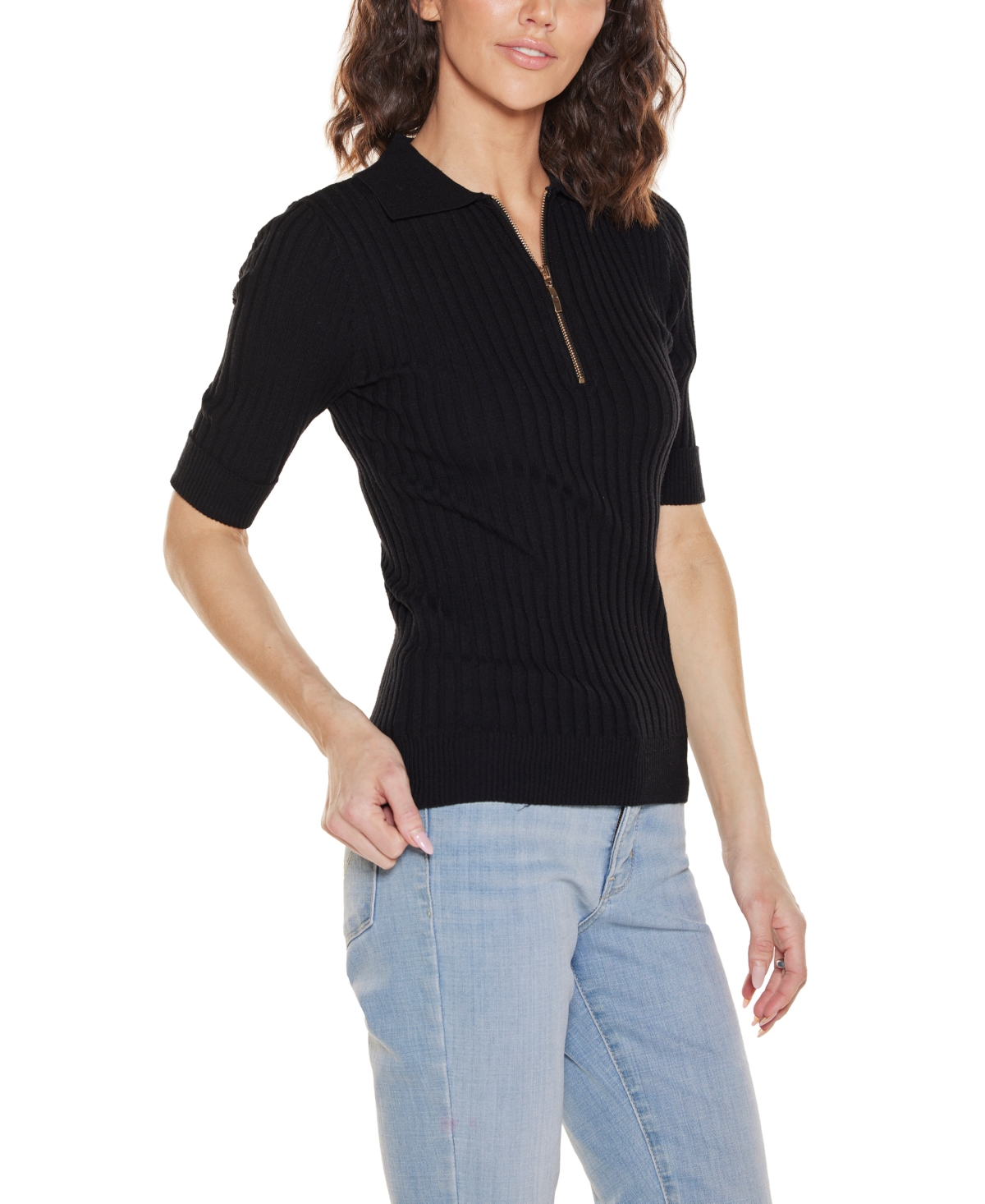 Belldini Women's Collared Quarter Zip Ribbed Knit Sweater