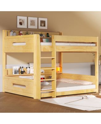 Queen over Queen Bunk Bed with Storage Shelves and USB Ports