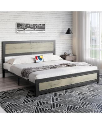 Size Bed Frame with Headboard, Industrial Platform Bed Frame with Charge Station, No Box Spring Needed