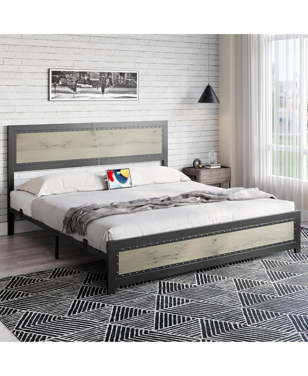 gaomon Size Bed Frame with Headboard, Industrial Platform Bed Frame with Charge Station, No Box Spring Needed