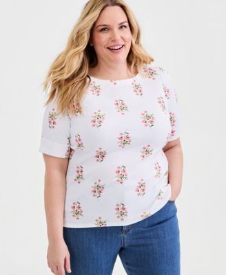 Plus Size Printed Boat-Neck Elbow Sleeve Cotton Top