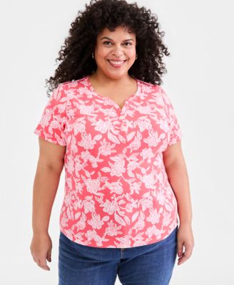 Plus Size Printed Short-Sleeve Henley Top
