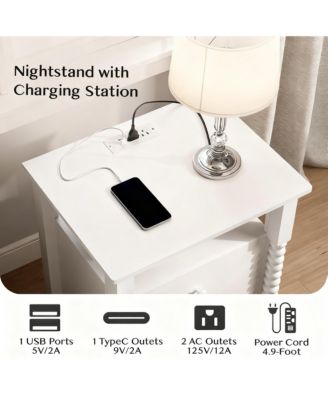 French Rustic Nightstand with Charging, Storage & Multi-Functional Use