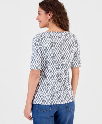 Women's Printed Boat-Neck Elbow-Sleeve Top