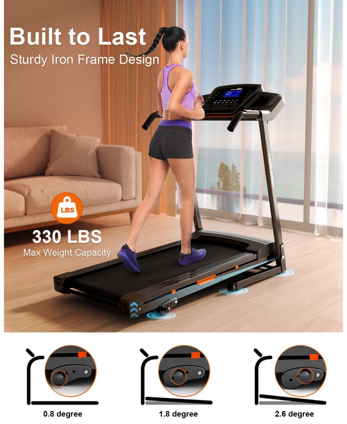 Redliro 3-Level Incline Folding Treadmill for Home, Running Machine with Bluetooth Speakers, Compact Treadmill with 330lbs Capacity